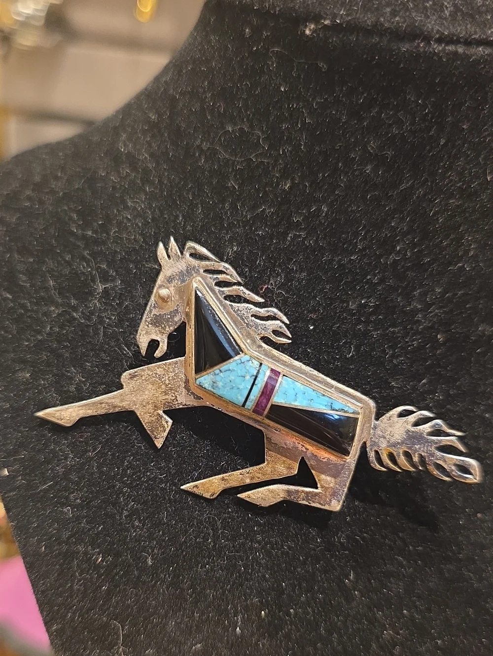 Silver Horse Brooch with Turquoise and Black Inlay